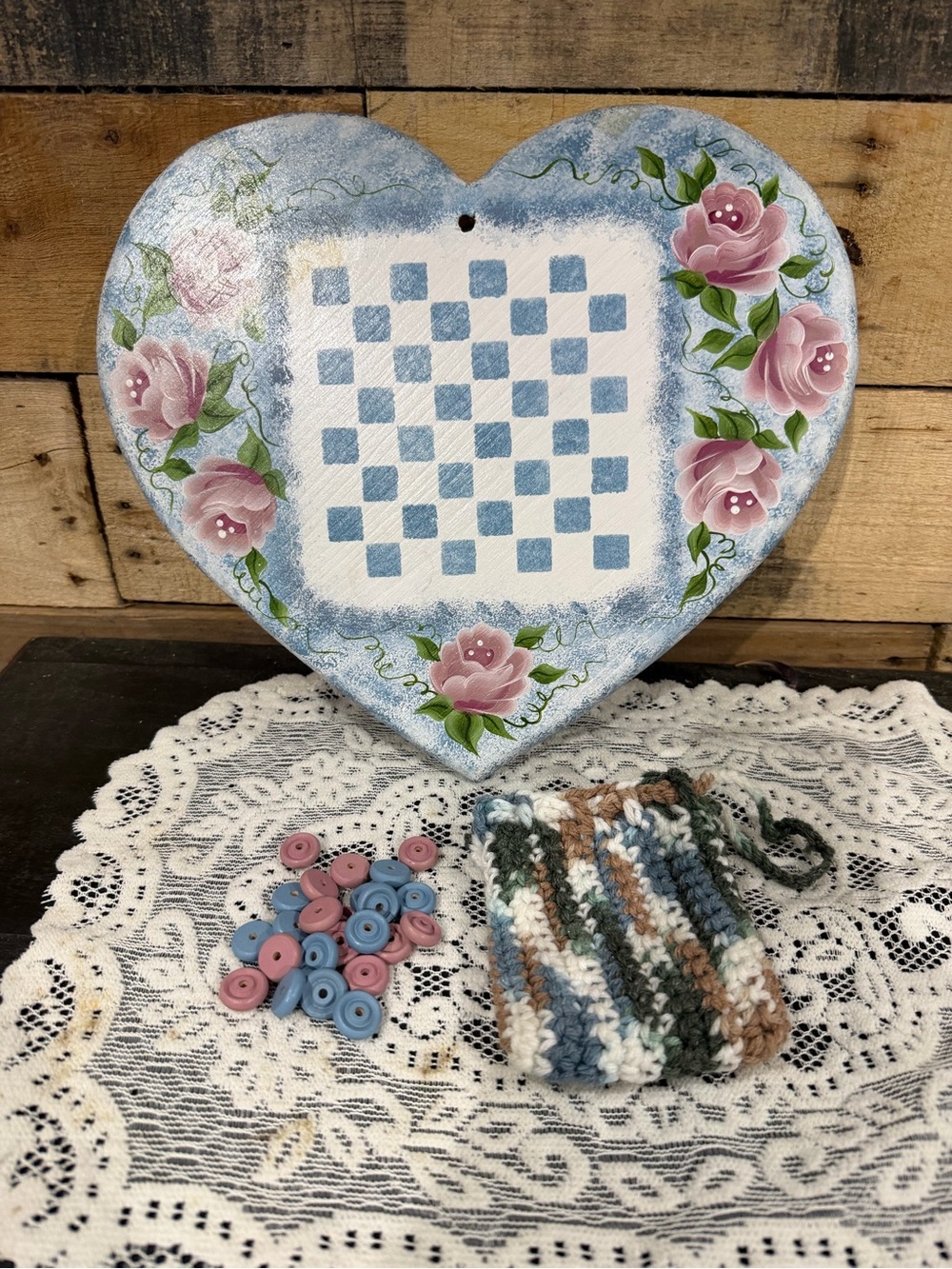 Hand-Painted Heart Shaped Checkerboard Plaque with Pink Roses